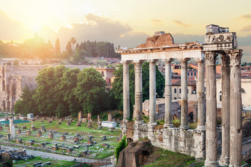 Roman forum architecture in Rome. Temple of Saturn, Rome ethernal city architectural details. City center Rome, Italy