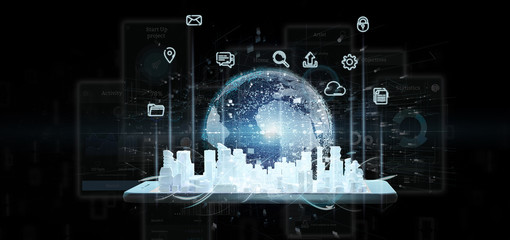 Poster - Smart city user interface with icon, stats and data 3d rendering