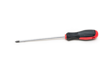 Shiny metal screwdriver for repair with a plastic black and red handle, the concept of manual labor and repair. Red screwdriver isolated on white background