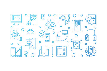 Poster - mobile app development concept blue vector illustration in thin line style on white background