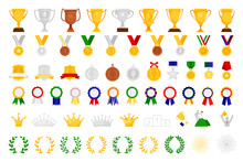 Cartoon Award Set. Sport And Game Achievement Vector Awards, Medal And Bowl, Achieve Trophy Coat Of Arms And Emblem, Wreath And Crown