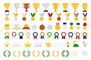 cartoon award set. sport and game achievement vector awards, medal and bowl, achieve trophy coat of 
