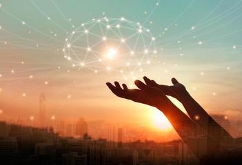 Leinwandbilder - Abstract palm hands touching digital brain with network connections, telecommunication, innovative technology in science and communication concept .