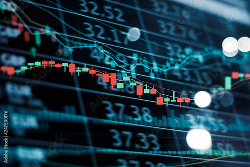 Fotomural .LED display stock market numbers and graph Stock market chart and data on dark