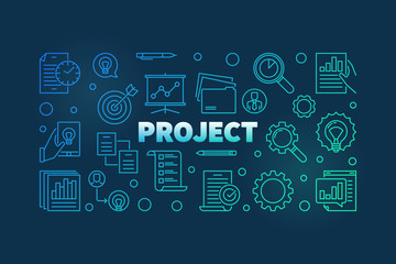 Poster - project outline colorful banner. vector business modern illustration in thin line style on dark back