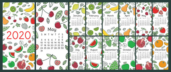 Wall Mural - Calendar 2020. Vector wall English calender template. Fruits, berries. Lemon, kiwi, banana, pear, cherry, strawberry, raspberry, watermelon, grapes, apple, pomegranate. Hand drawn design. New year