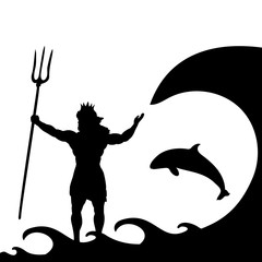 Poseidon Neptunus god silhouette ancient mythology fantasy. Vector illustration.