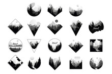 Set Of Monochrome Landscapes In Geometric Shapes Circle, Triangle, Rhombus. Natural Sceneries With Wild Pine Forests. Flat Vector For Company Logo Or Camping Logo