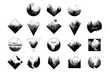 set of monochrome landscapes in geometric shapes circle, triangle, rhombus. natural sceneries with w