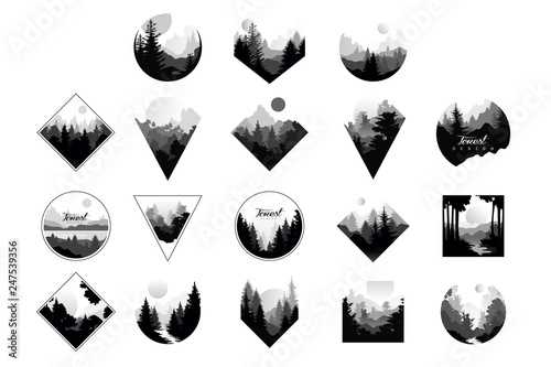 Cuadros en Lienzo Set of monochrome landscapes in geometric shapes circle, triangle, rhombus