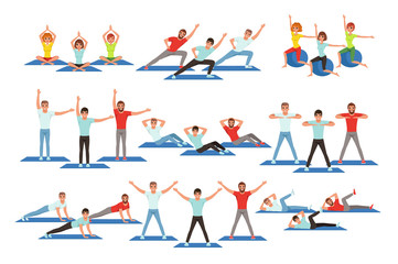 Sticker - Set of people working out in gym. Young girls and guys doing exercises. Physical activity. Healthy lifestyle. Men and women in sportswear. Flat vector design