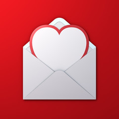 Aufkleber - Blank white heart shape paper cut card with red edge in white envelope isolated on red background with shadow for valentine's day 3D rendering
