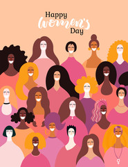 Happy womens day card, poster, banner, with quote and diverse women. Isolated objects on white background. Hand drawn vector illustration. Flat style design. Concept, element for feminism, girl power.