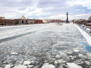 view of frozen Moskva River between embankments