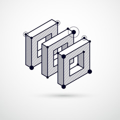 Poster - Vector drawing of black and white industrial system created with lines and 3D cubes. Modern geometric composition can be used as template and layout.