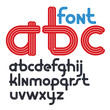 Set of vector rounded lower case funky alphabet letters isolated with parallel lines, can be used for logo creation in entertainment business.