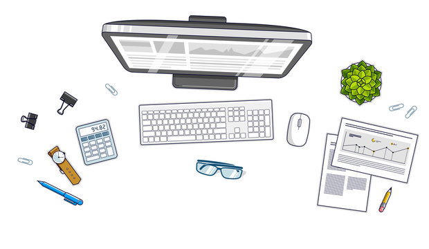 Work desk workspace top view with PC computer and a lot of different stationery objects on table isolated, look above. All elements are easy to use separately or recompose the illustration. Vector.