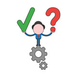 Fototapeta Natura - Vector businessman character standing on gears and holding check mark and question mark. Color and black outlines.