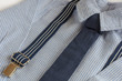 Set of festive clothes for the little boy - white-blue striped, cotton shirt with tie and suspenders