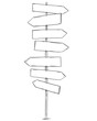 Artistic drawing of old empty or blank wooden seven directions road arrow sign. Ready for your text.
