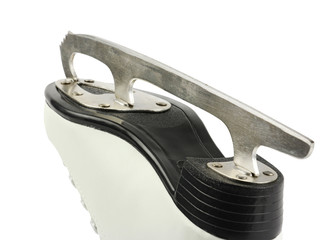 single metal blade of figure skates, woman white leather boot, rear view, on isolated white background