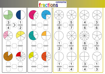 comparing fractions, use > or < compare the fractions, math worksheet