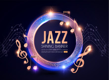 Jazz Concert Poster Template With Guitar, Shining Notes And Banner With Lights. Music Event.