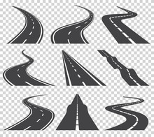 Curved Roads Vector Set. Asphalt Road Or Way And Curve Road Highway. Winding Curved Road Or Highway With Markings.