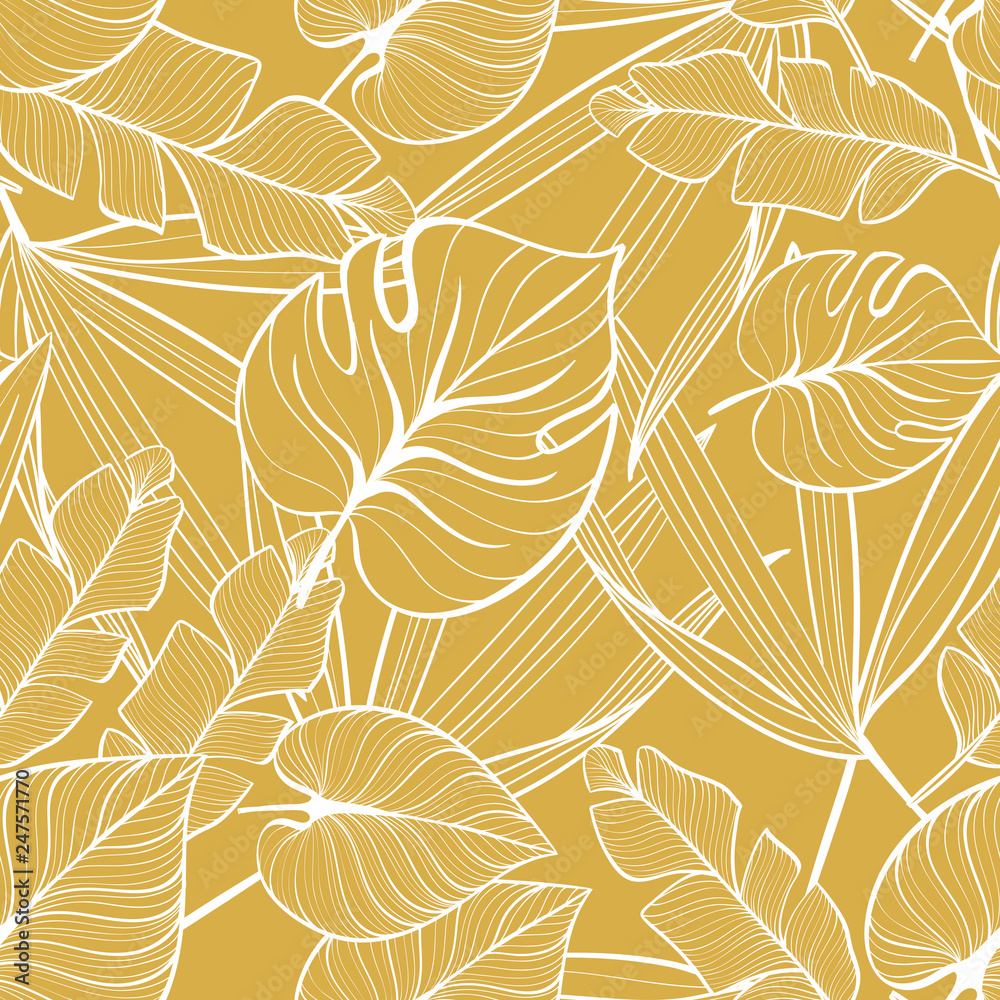 Seamless floral pattern with tropical leaves. Line drawing. Hand-drawn illustration. - obrazy, fototapety, plakaty 