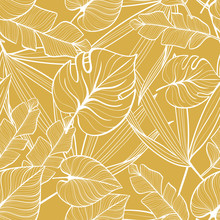Seamless Floral Pattern With Tropical Leaves. Line Drawing. Hand-drawn Illustration.