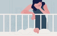 Sad Tired Woman Leaning Over Newborn Baby Sleeping In Crib And Covering Face With Hand. Concept Of Postpartum Or Postnatal Depression, Mood Disorder Following Childbirth. Flat Vector Illustration.