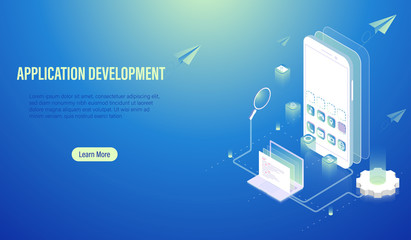 Poster - mobile application development and program coding concept, software building by computer laptop and 