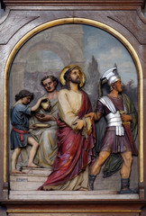 Poster - 1st Stations of the Cross, Jesus is condemned to death, Basilica of the Sacred Heart of Jesus in Zagreb, Croatia