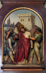 Wall Mural - 5th Stations of the Cross, Simon of Cyrene carries the cross, Basilica of the Sacred Heart of Jesus in Zagreb, Croatia 