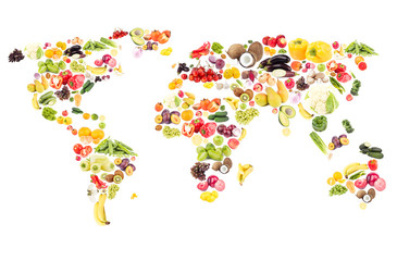  World map from different fresh fruits and vegetables, isolated
