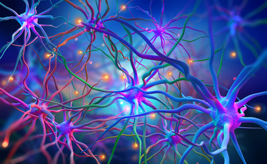 Aufkleber - Neural networks of the human brain. 3d illustration of abstract nerve centers. Electrical impulses in brain. Bright full color