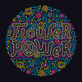 Fototapeta Desenie - Flower power hand drawn lettering bright colorful background. Hippie style doodle pattern of psychedelic colours for t-shirt print, textile, clothes and poster design. EPS 10 vector illustration.