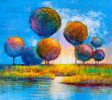 Abstract Trees On The River Bank. Original Painting.