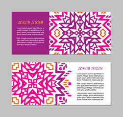 Aztec style horizontal colorful card set. American indian pattern design. Ornamental collection with ethnic motifs. Tribal decorative flyer template. EPS 10 vector concept.