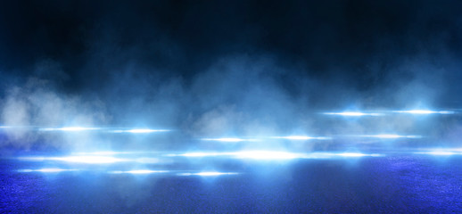 Wall Mural - wet asphalt, reflection of neon lights, a searchlight, smoke. abstract light in a dark empty street 