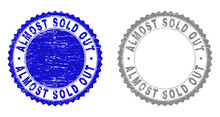 Grunge ALMOST SOLD OUT Stamp Seals Isolated On A White Background. Rosette Seals With Grunge Texture In Blue And Grey Colors. Vector Rubber Watermark Of ALMOST SOLD OUT Caption Inside Round Rosette.