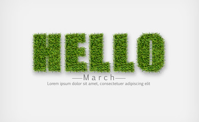 Hellos sign in green grass Vector realistic. Hello march spring symbols