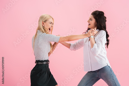 Cuadros en Lienzo Aggressive girls screaming and fighting isolated on pink