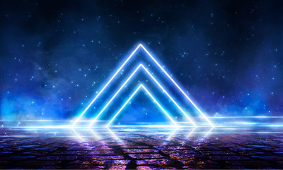 Wall Mural - wet asphalt, neon light reflected on a wet surface, arch, light triangle, pyramid abstract light, sm