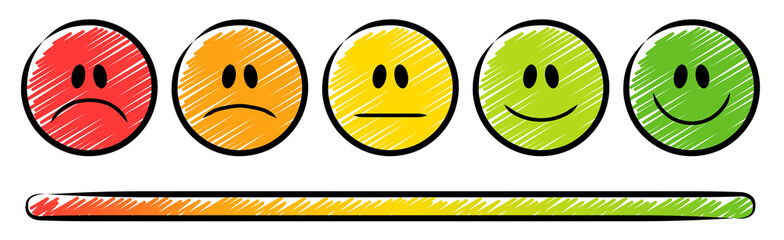 5 farbige Ampel-Smileys mit Emotionen von traurig bis lächelnd und Farb-Scala / Schraffierte Vektor-Zeichnung