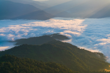 Wall Mural - Foggy landscape in the mountain with sunlight at morning.