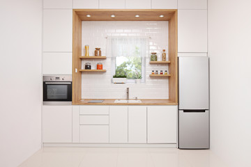 Stylish kitchen interior in white and wood with a window view