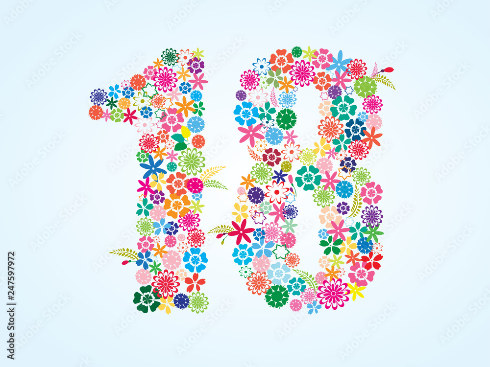 Vector Colorful Floral 18 Number Design isolated on white background ...