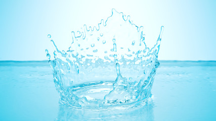  Frozen motion splash crown with waves and droplets on calm water surface realistic 3d illustration. Pure drink fresh source, clean environment and ecology concept. Natural product presentation