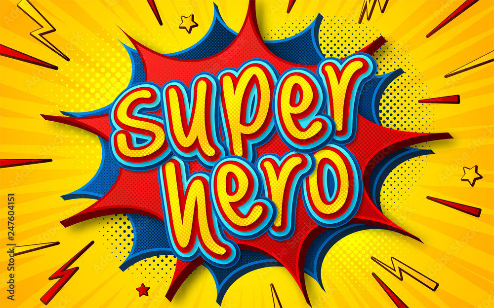 Cartoon comic book with speech bubble Superhero. Poster in comics and pop art style with multilayer funny letters, halftone and sound effects on yellow striped background. Colorful cool banner - obrazy, fototapety, plakaty 